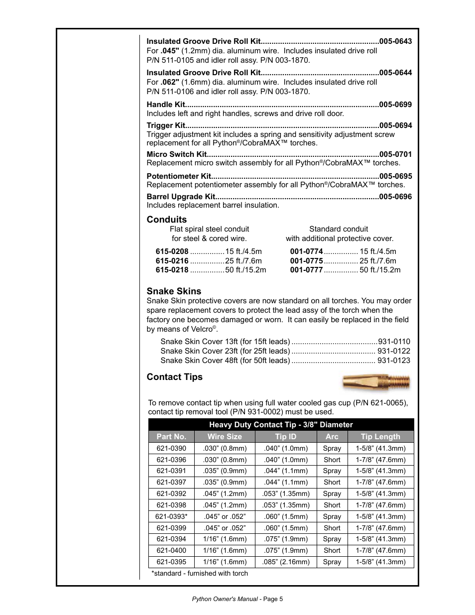 Conduits, Snake skins, Contact tips | MK Products Python Rev.D User Manual | Page 12 / 40