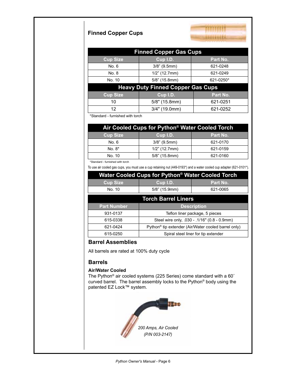 Barrel assemblies, Barrels, Air cooled cups for python | Water cooled torch, Torch barrel liners, Water cooled cups for python, Finned copper gas cups, Heavy duty finned copper gas cups, Finned copper cups | MK Products Python Rev.D User Manual | Page 13 / 40