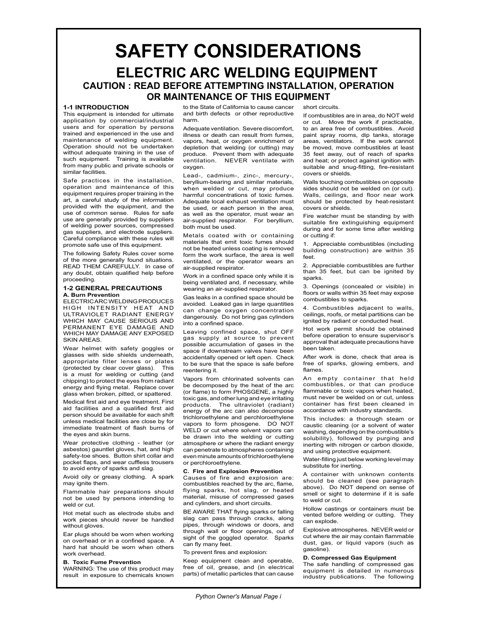 Safety considerations, Electric arc welding equipment | MK Products Python Rev.D User Manual | Page 2 / 40