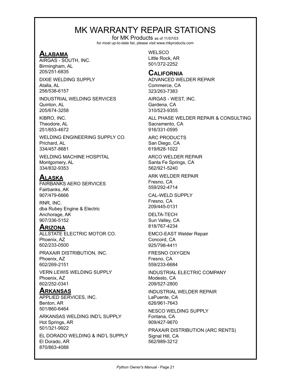 Mk warranty repair stations | MK Products Python Rev.D User Manual | Page 28 / 40