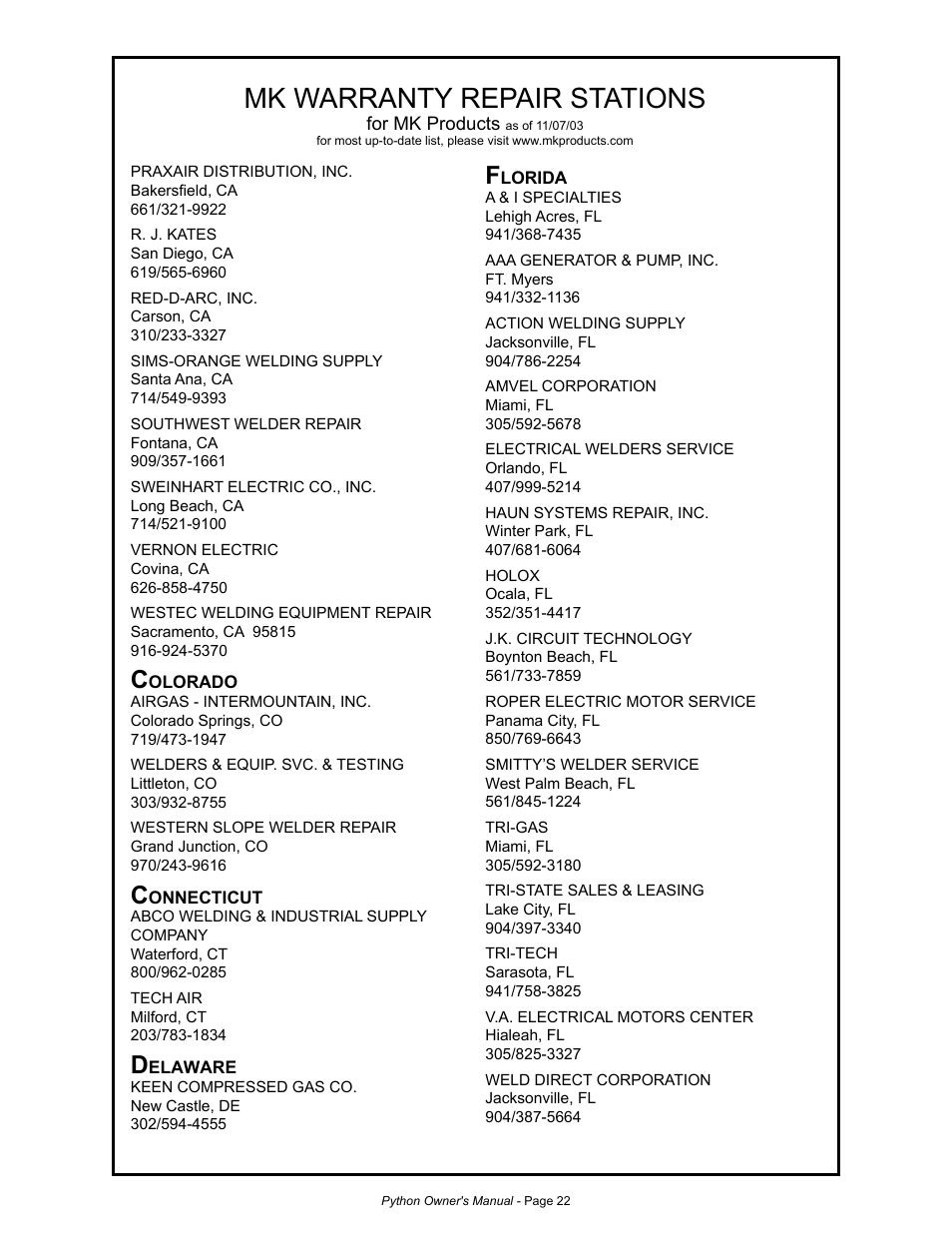 Mk warranty repair stations | MK Products Python Rev.D User Manual | Page 29 / 40
