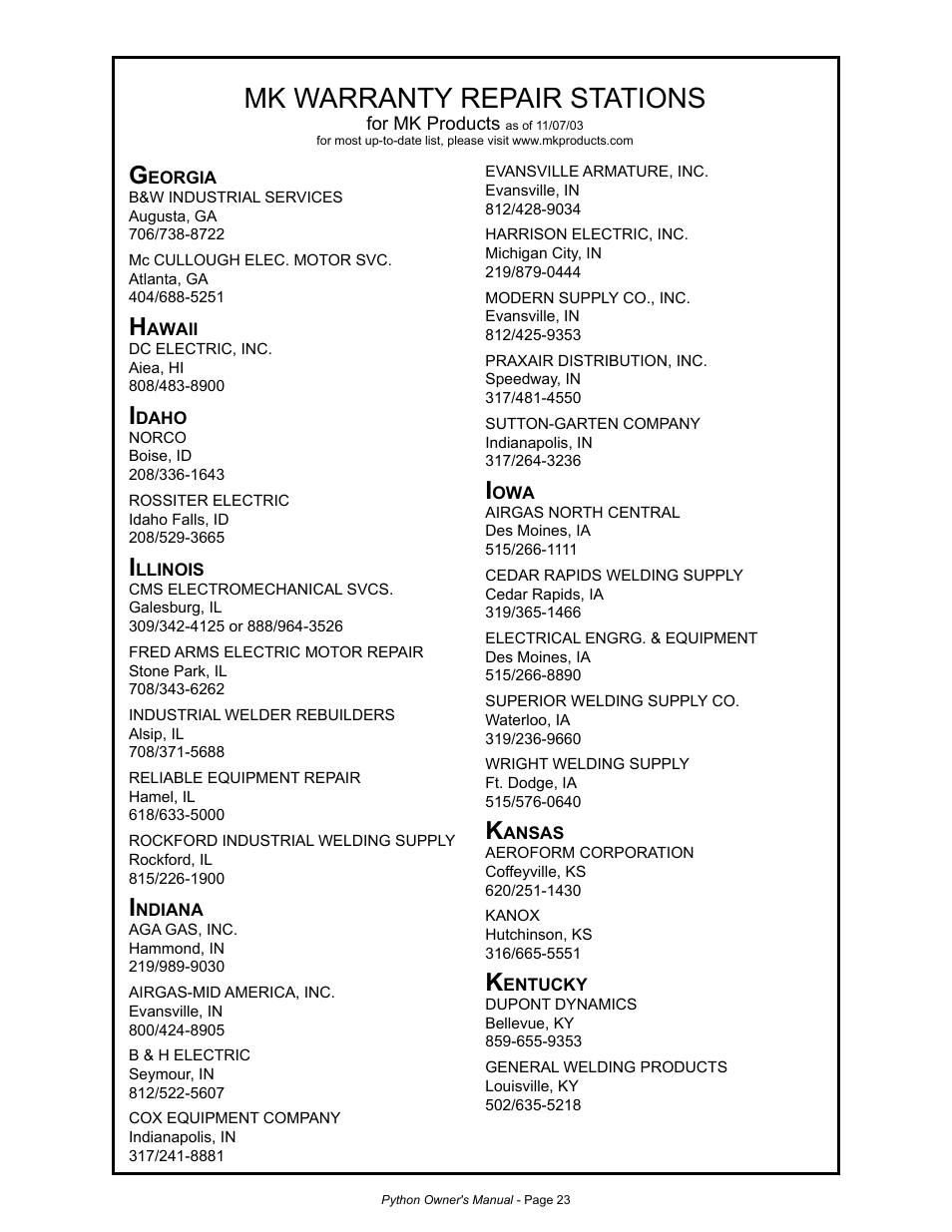 Mk warranty repair stations | MK Products Python Rev.D User Manual | Page 30 / 40