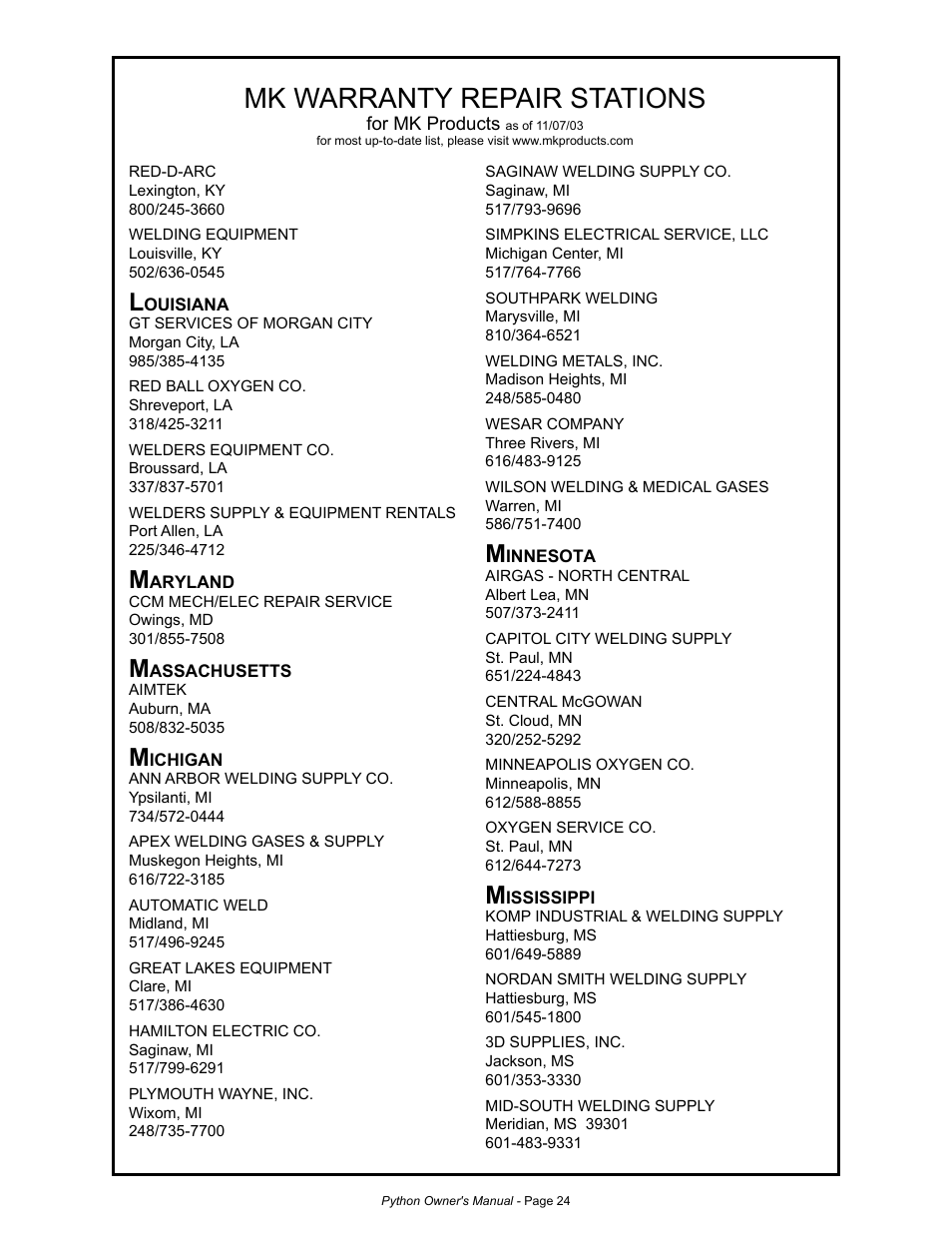 Mk warranty repair stations | MK Products Python Rev.D User Manual | Page 31 / 40