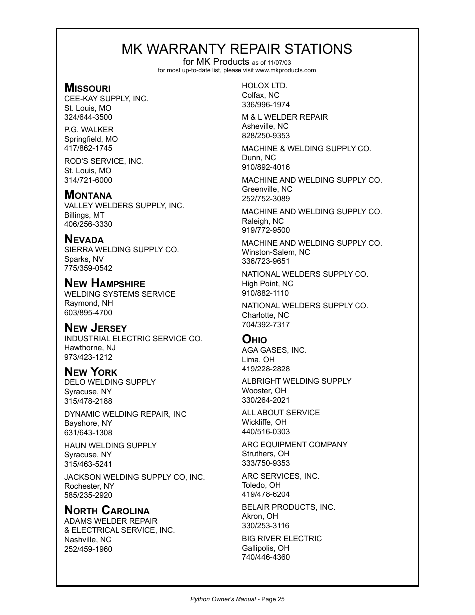 Mk warranty repair stations | MK Products Python Rev.D User Manual | Page 32 / 40