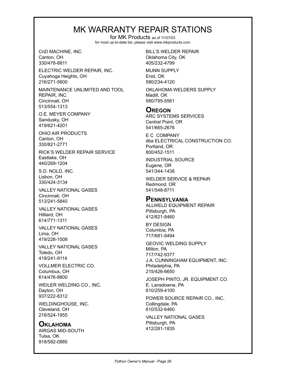 Mk warranty repair stations | MK Products Python Rev.D User Manual | Page 33 / 40