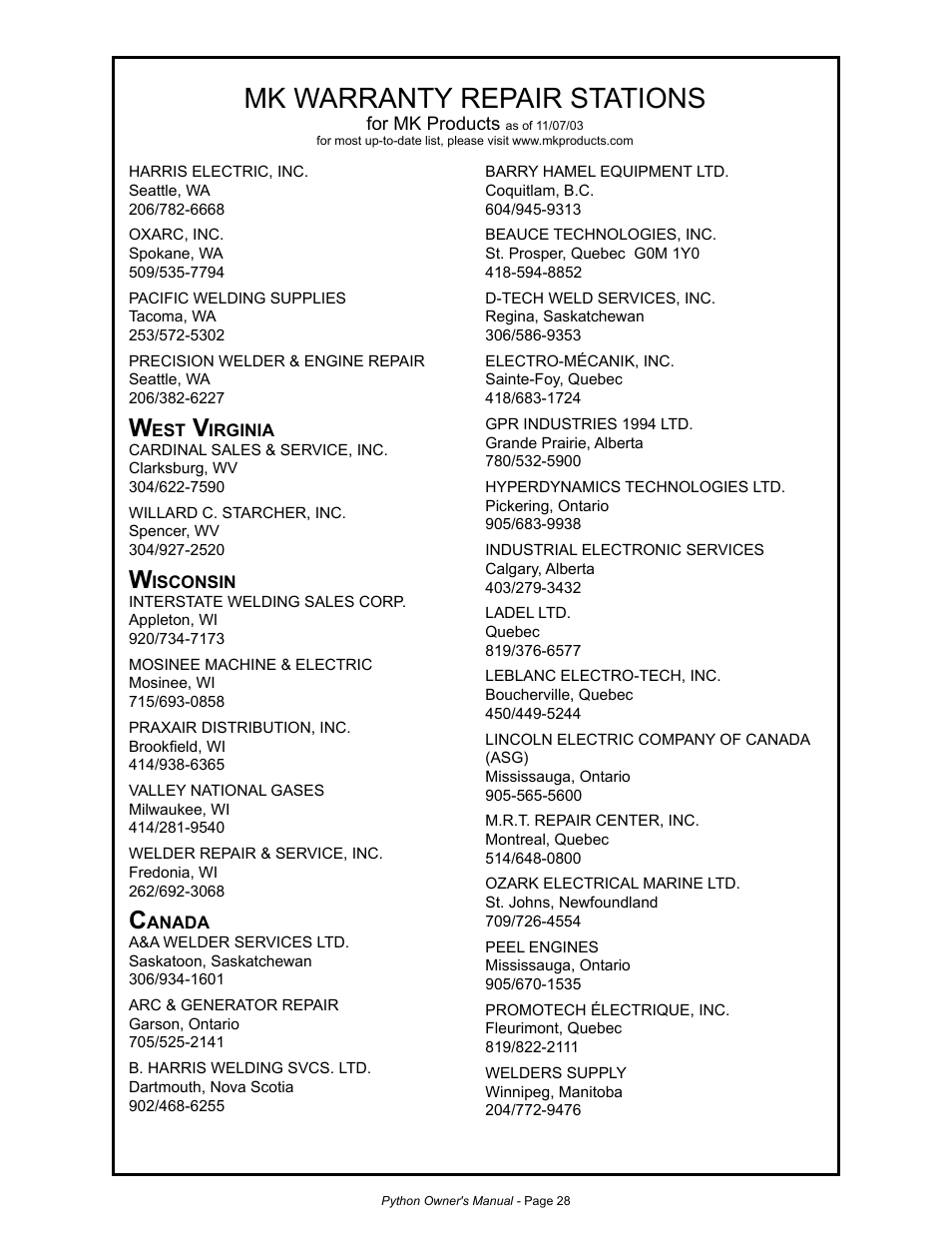 Mk warranty repair stations | MK Products Python Rev.D User Manual | Page 35 / 40