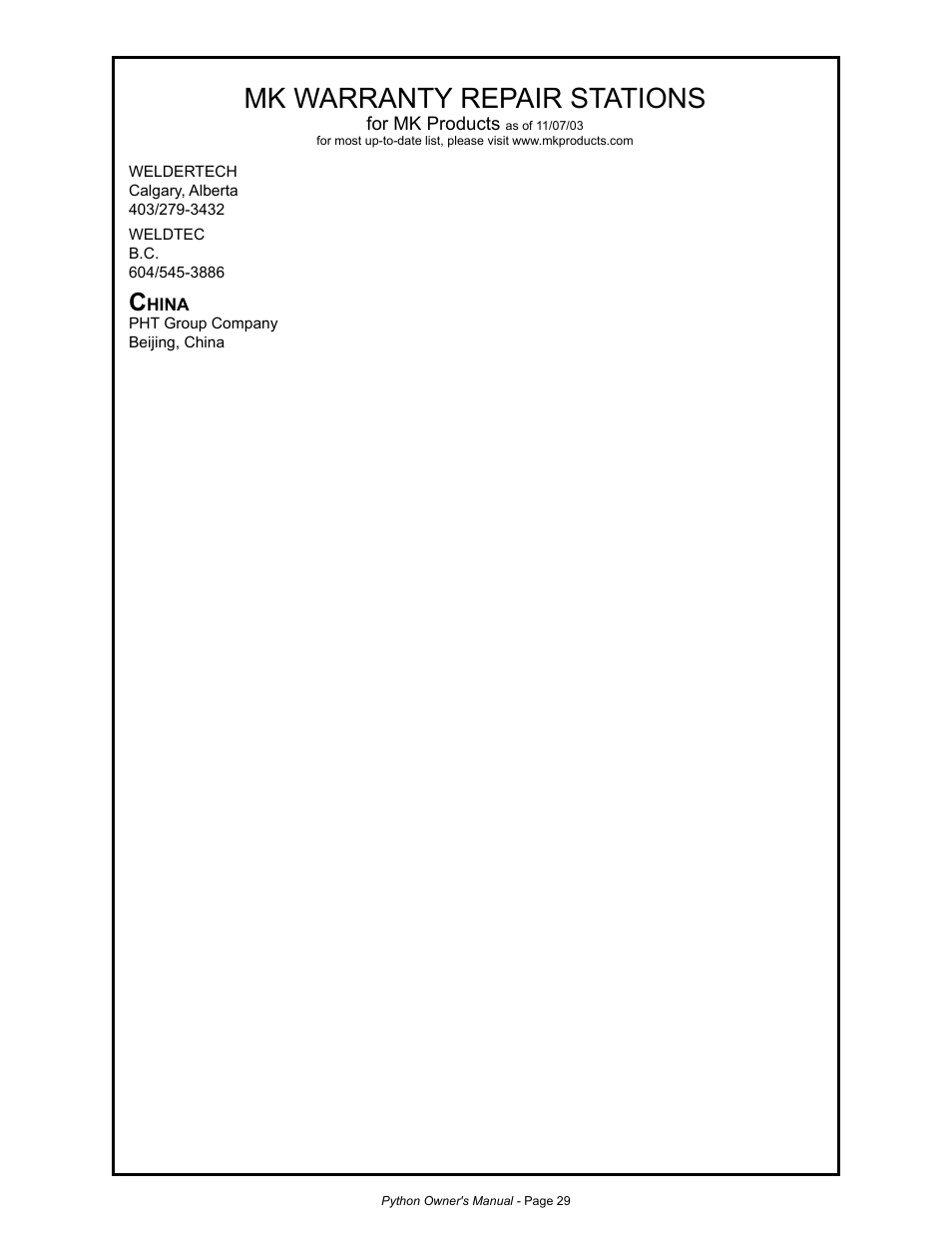 Mk warranty repair stations | MK Products Python Rev.D User Manual | Page 36 / 40