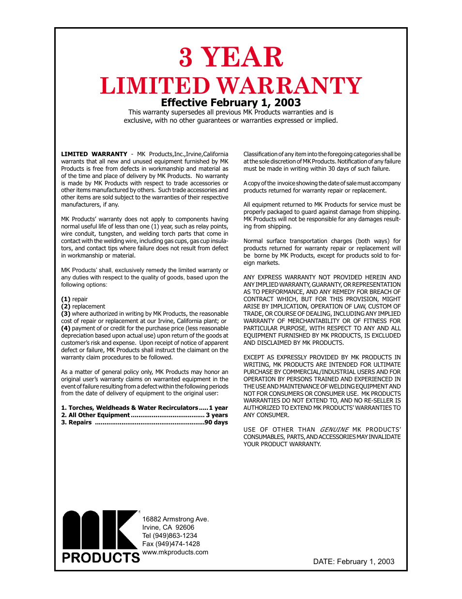 3 year, Limited warranty | MK Products Python Rev.D User Manual | Page 39 / 40