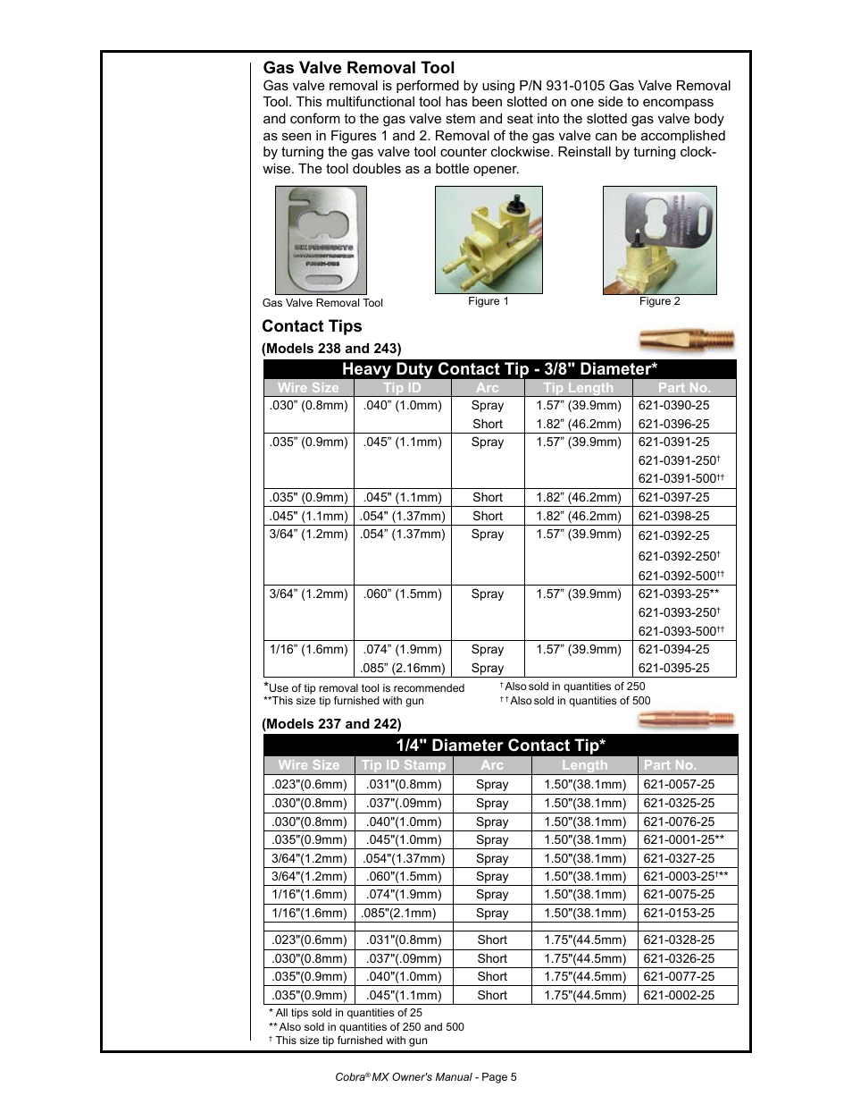 Heavy duty contact tip - 3/8" diameter, Contact tips, 1/4" diameter contact tip | Gas valve removal tool | MK Products Cobra MX Gun - ACWC User Manual | Page 13 / 36