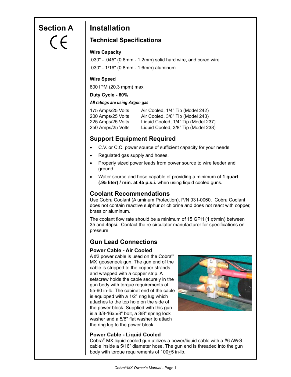 Technical specifications, Support equipment required, Coolant recommendations | Gun lead connections | MK Products Cobra MX Gun - ACWC User Manual | Page 9 / 36