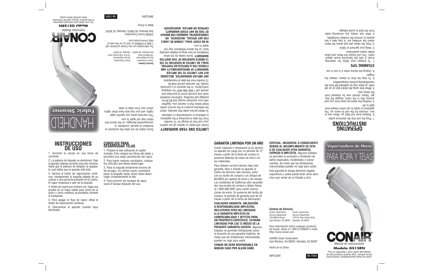 Handheld, Para ropa y telas, Operating instructions | Instrucciones de uso, Fa bri c s te am er fabric steamer | Conair GS15RN User Manual | Page 2 / 2