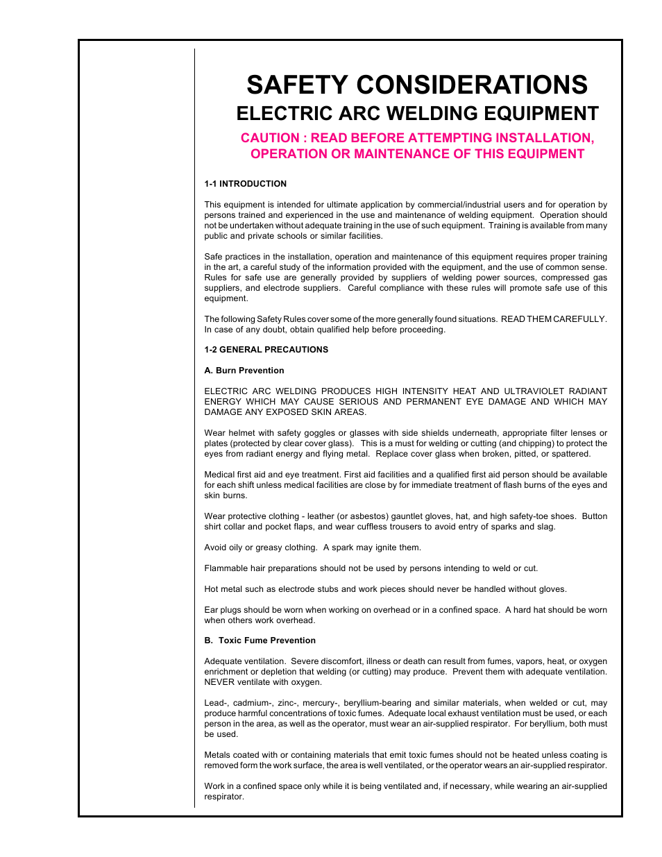 Safety considerations, Electric arc welding equipment | MK Products Positioner #2 User Manual | Page 2 / 15