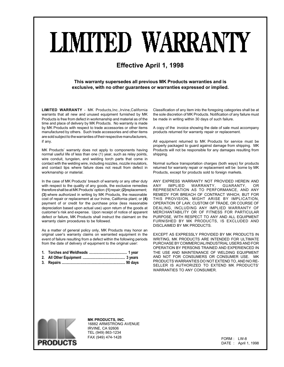 Limited warranty | MK Products Positioner #3 User Manual | Page 13 / 14