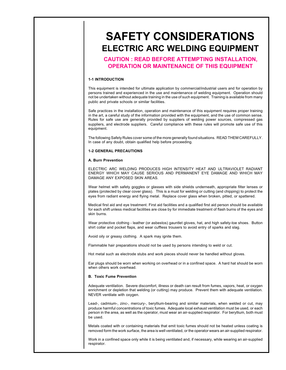 Safety considerations, Electric arc welding equipment | MK Products Positioner #3 User Manual | Page 3 / 14