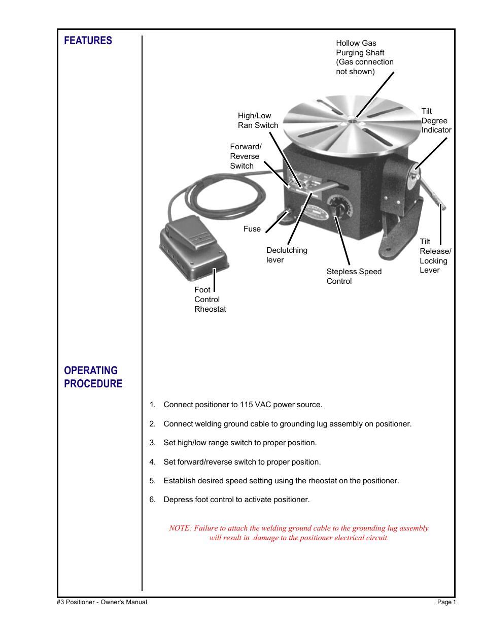 Features, Operating procedure, Features operating procedure | MK Products Positioner #3 User Manual | Page 6 / 14