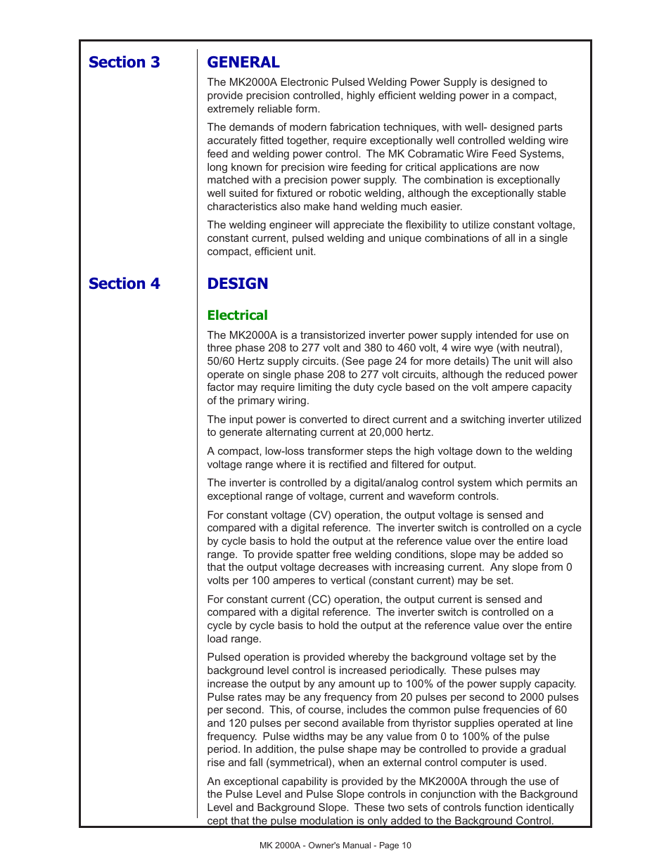 Section 3 general, Section 4 design, Electrical | MK Products MK 2000A User Manual | Page 10 / 29