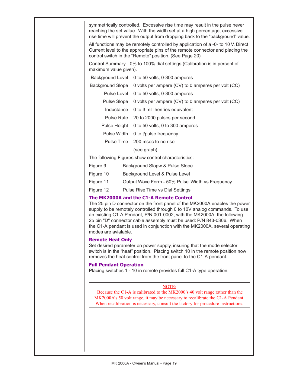 The mk2000a and the c1-a remote control, Remote heat only, Full pendant operation | MK Products MK 2000A User Manual | Page 19 / 29