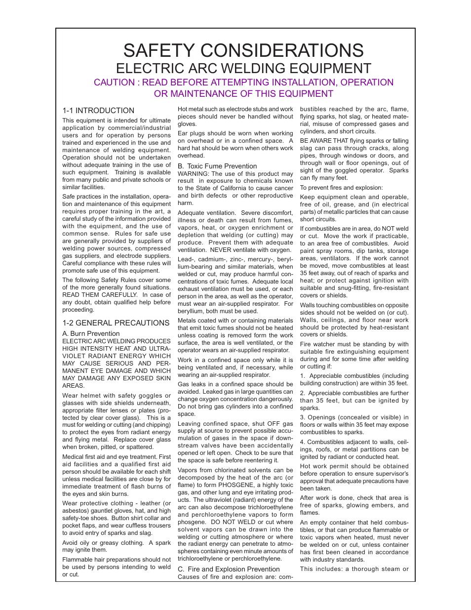 Safety considerations, Electric arc welding equipment | MK Products MK 2000A User Manual | Page 2 / 29