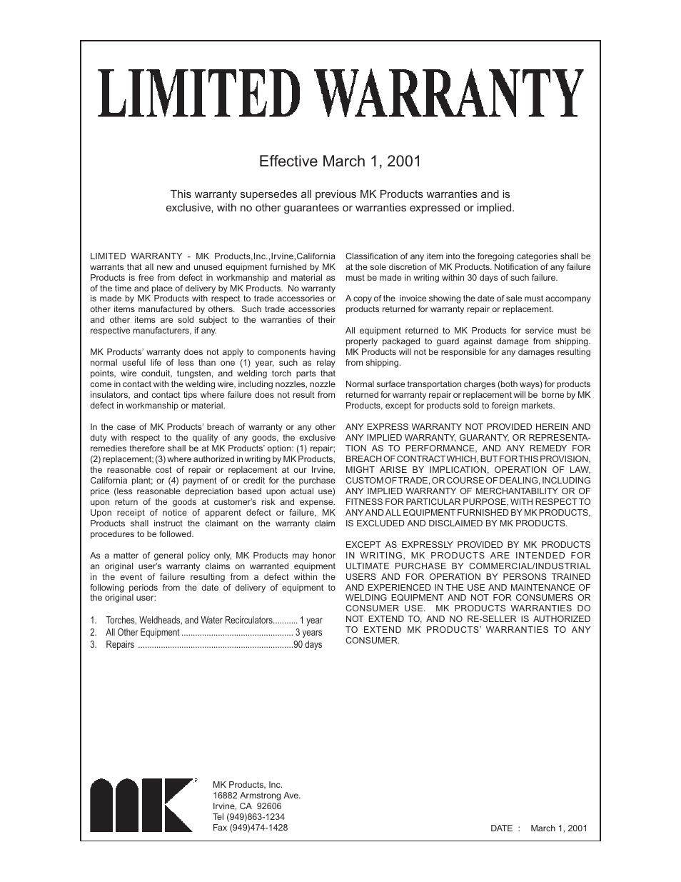 Limited warranty | MK Products MK 2000A User Manual | Page 28 / 29