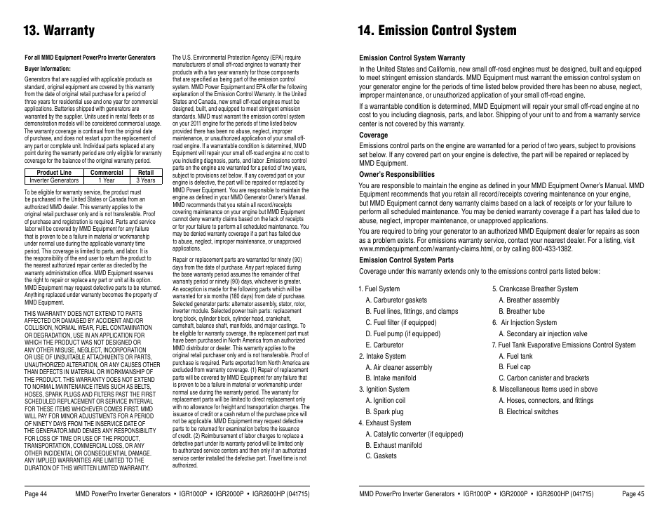 Warranty 14. emission control system | MMD Equipment IGR1000 User Manual | Page 23 / 27
