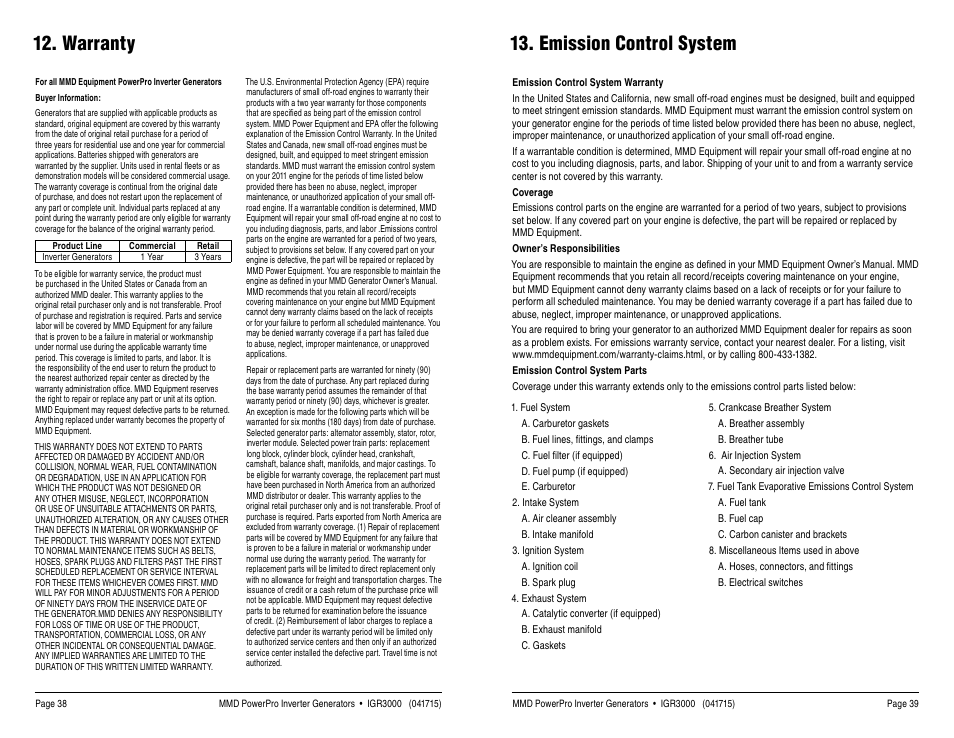 Warranty 13. emission control system | MMD Equipment IGR3000 User Manual | Page 20 / 25