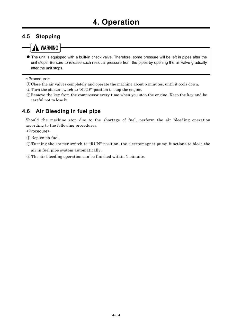 Operation, 5 stopping, 6 air bleeding in fuel pipe | MMD Equipment 185S-5C2 part 1 User Manual | Page 32 / 36