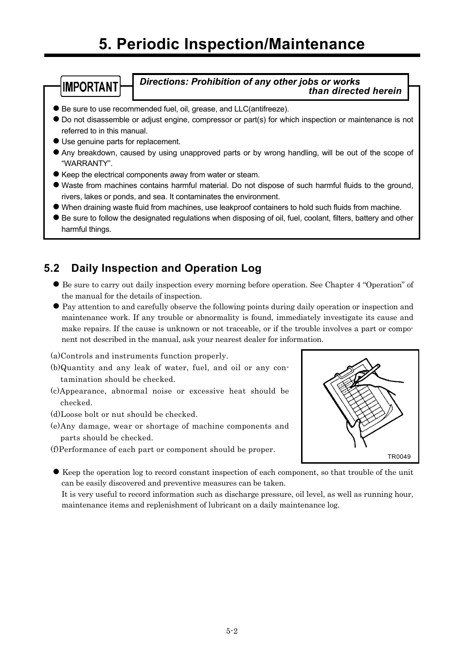 Periodic inspection/maintenance, 2 daily inspection and operation log | MMD Equipment 185S-5C2 part 2 User Manual | Page 2 / 29