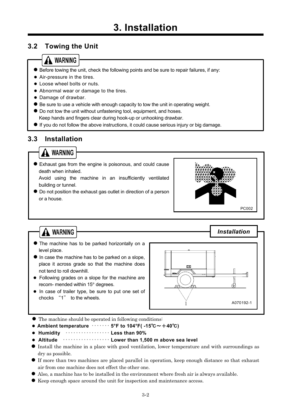 2 towing the unit, 3 installation, Installation | MMD Equipment 185S-6C1 User Manual | Page 18 / 65