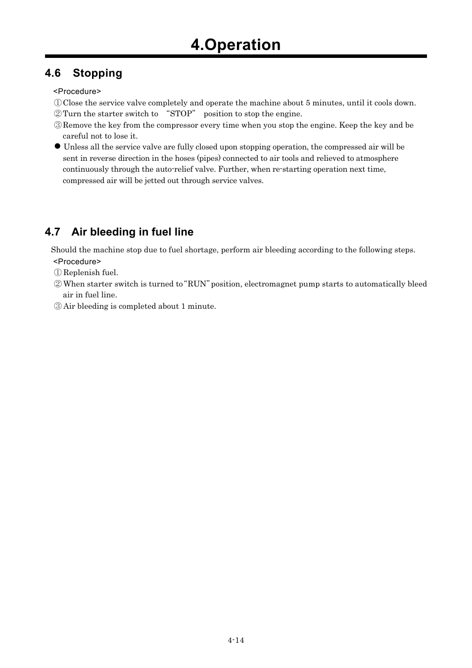 Operation, 6 stopping, 7 air bleeding in fuel line | MMD Equipment 185S-6C2 User Manual | Page 33 / 66
