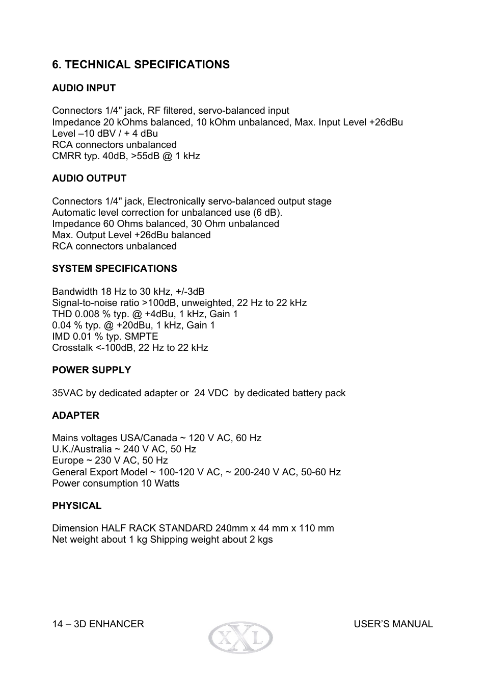 Audio output, System specifications, Power supply | Adapter, Phisical | Mogar Music 3DENHANCER User Manual | Page 14 / 16
