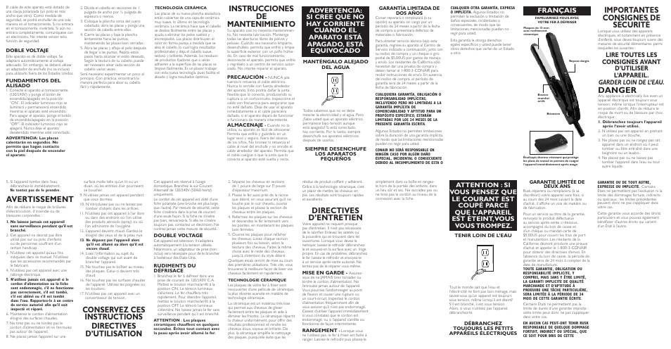 Importantes consignes de sécurité, Danger, Avertissement | Instrucciones de mantenimiento, Directives d’entretien, Français | Conair TS20S User Manual | Page 2 / 2