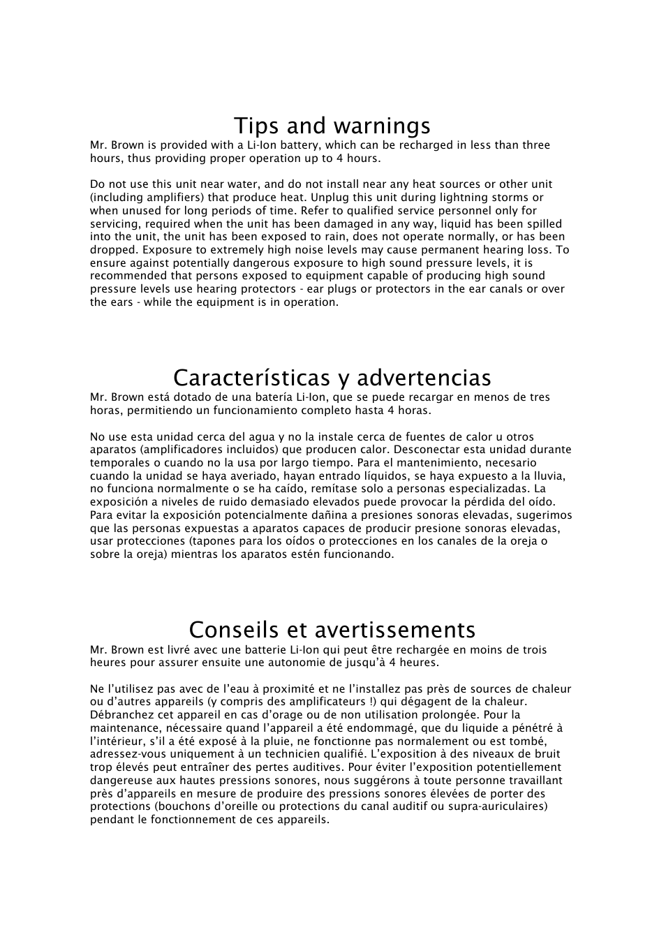 Tips and warnings, Características y advertencias, Conseils et avertissements | Mogar Music MR.BROWN User Manual | Page 7 / 8