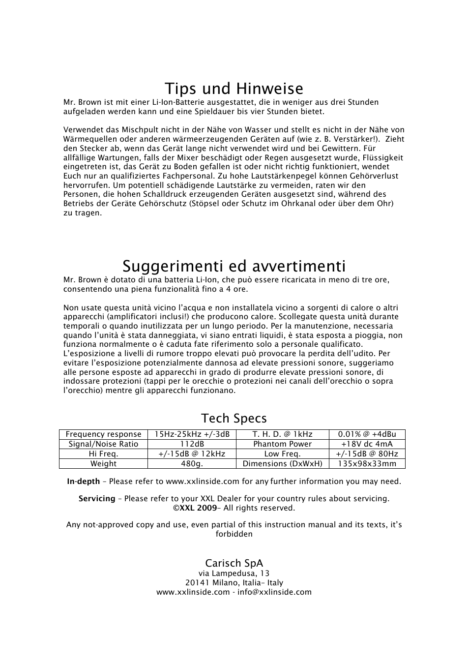 Tips und hinweise, Suggerimenti ed avvertimenti, Tech specs | Carisch spa | Mogar Music MR.BROWN User Manual | Page 8 / 8