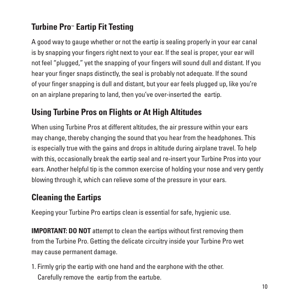 Turbine pro, Eartip fit testing, Using turbine pros on flights or at high altitudes | Cleaning the eartips | Monster Turbine Copper Pro Advanced Professional In-Ear Speakers with ControlTalk User Manual | Page 11 / 20