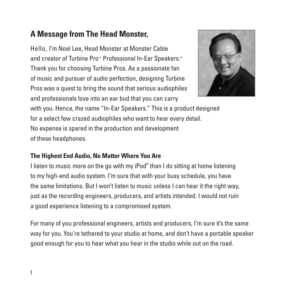A message from the head monster | Monster Turbine Copper Pro Advanced Professional In-Ear Speakers with ControlTalk User Manual | Page 2 / 20