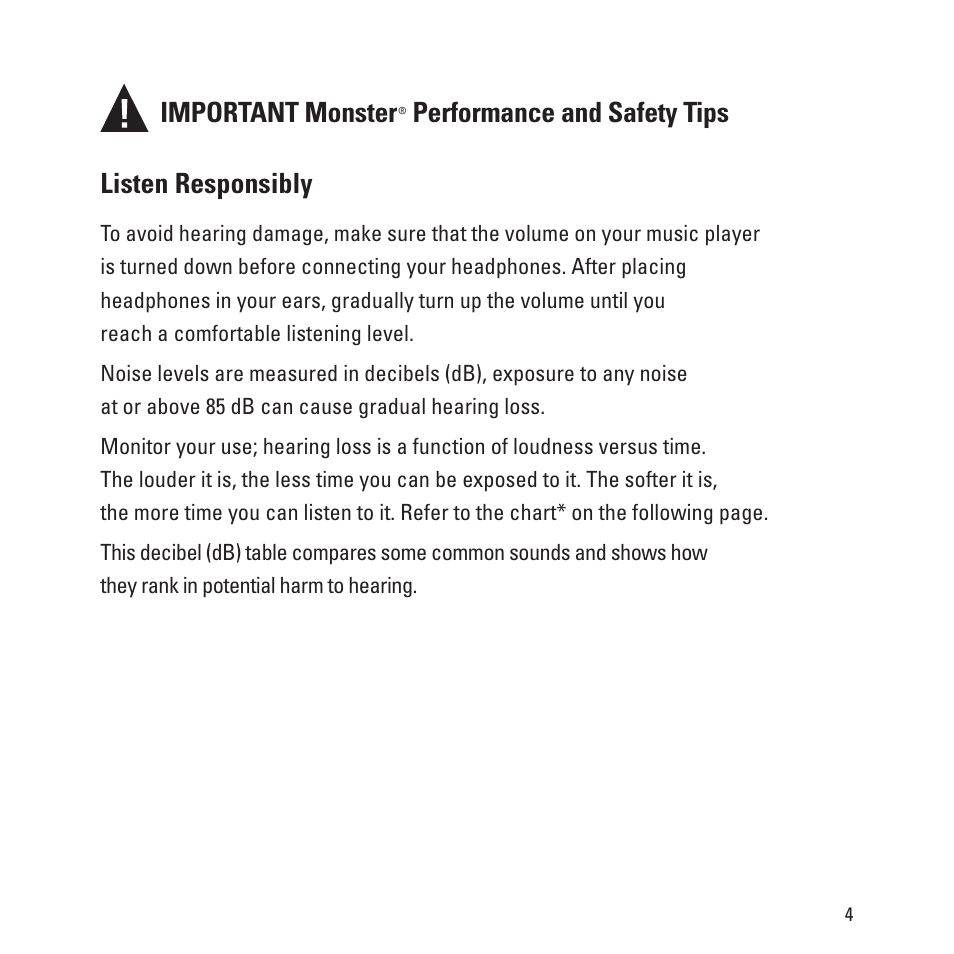 Important monster, Performance and safety tips listen responsibly | Monster Turbine Copper Pro Advanced Professional In-Ear Speakers with ControlTalk User Manual | Page 5 / 20