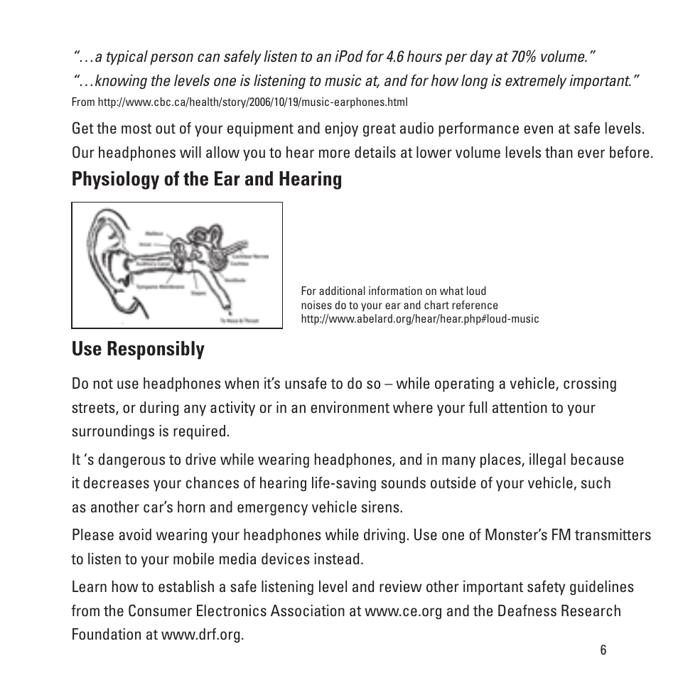 Physiology of the ear and hearing, Use responsibly | Monster Turbine Copper Pro Advanced Professional In-Ear Speakers with ControlTalk User Manual | Page 7 / 20