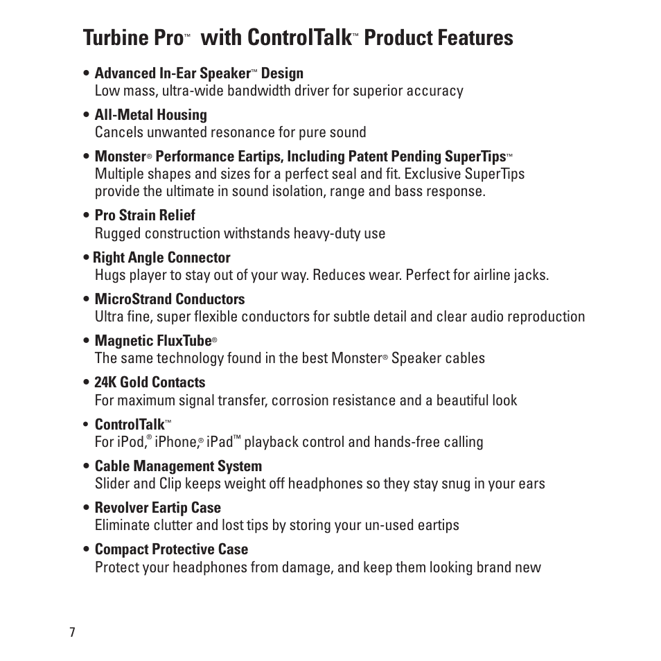 With controltalk, Turbine pro, Product features | Monster Turbine Copper Pro Advanced Professional In-Ear Speakers with ControlTalk User Manual | Page 8 / 20