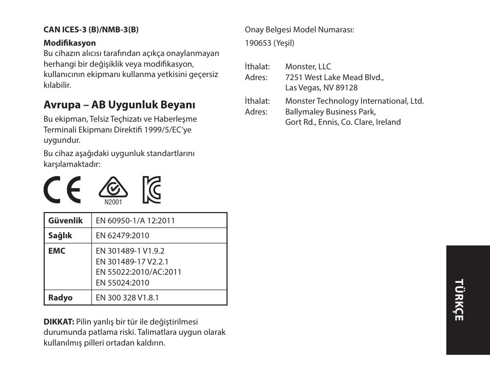 Avrupa – ab uygunluk beyanı, Türk çe | Monster iSport SuperSlim Wireless Bluetooth In Ear Sport Headphones User Manual | Page 127 / 239