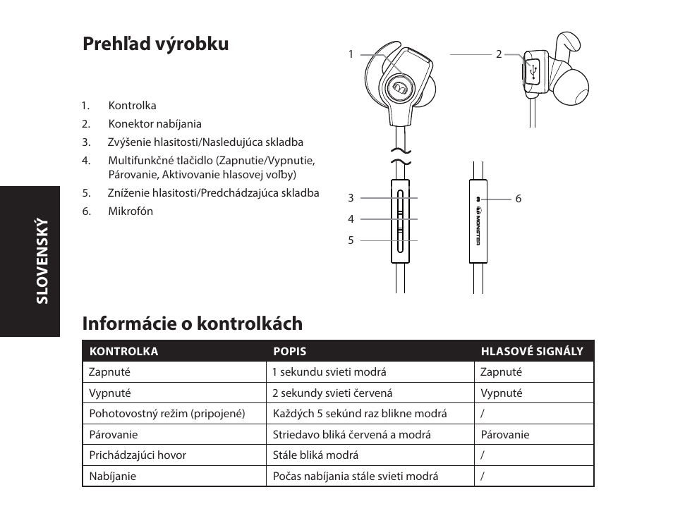 Prehľad výrobku, Informácie o kontrolkách, Sl o vensk ý | Monster iSport SuperSlim Wireless Bluetooth In Ear Sport Headphones User Manual | Page 148 / 239