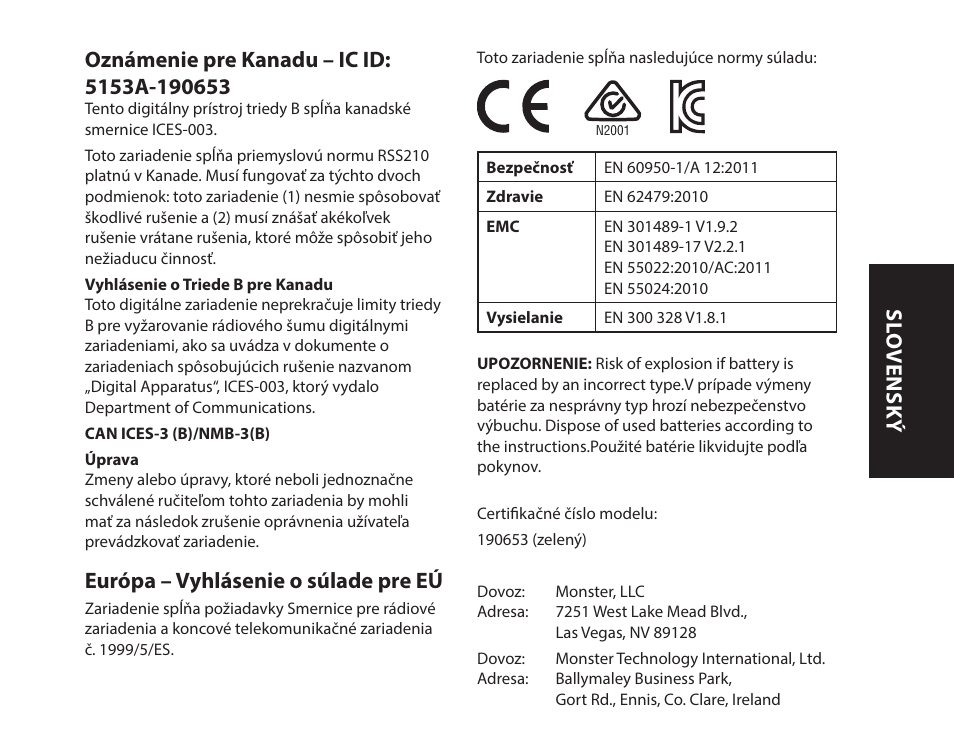 Európa – vyhlásenie o súlade pre eú, Sl o vensk ý | Monster iSport SuperSlim Wireless Bluetooth In Ear Sport Headphones User Manual | Page 153 / 239