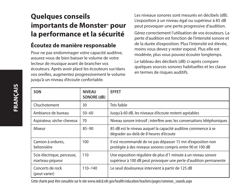 Quelques conseils importants de monster, Pour la performance et la sécurité, Écoutez de manière responsable | Fr anç ais | Monster iSport SuperSlim Wireless Bluetooth In Ear Sport Headphones User Manual | Page 16 / 239