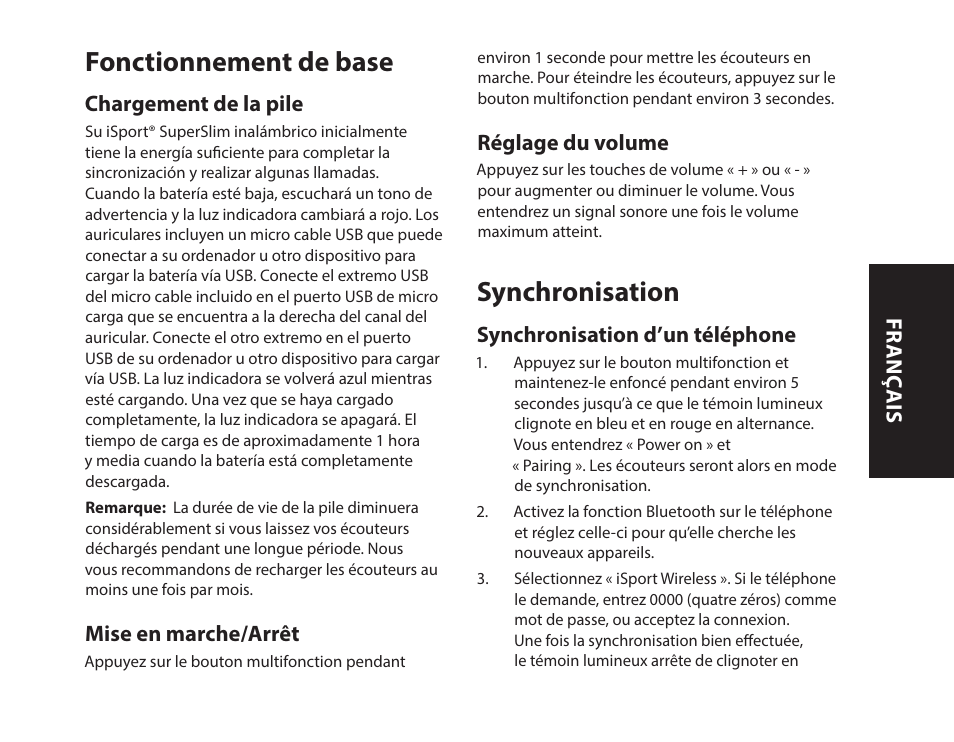 Fonctionnement de base, Synchronisation | Monster iSport SuperSlim Wireless Bluetooth In Ear Sport Headphones User Manual | Page 21 / 239