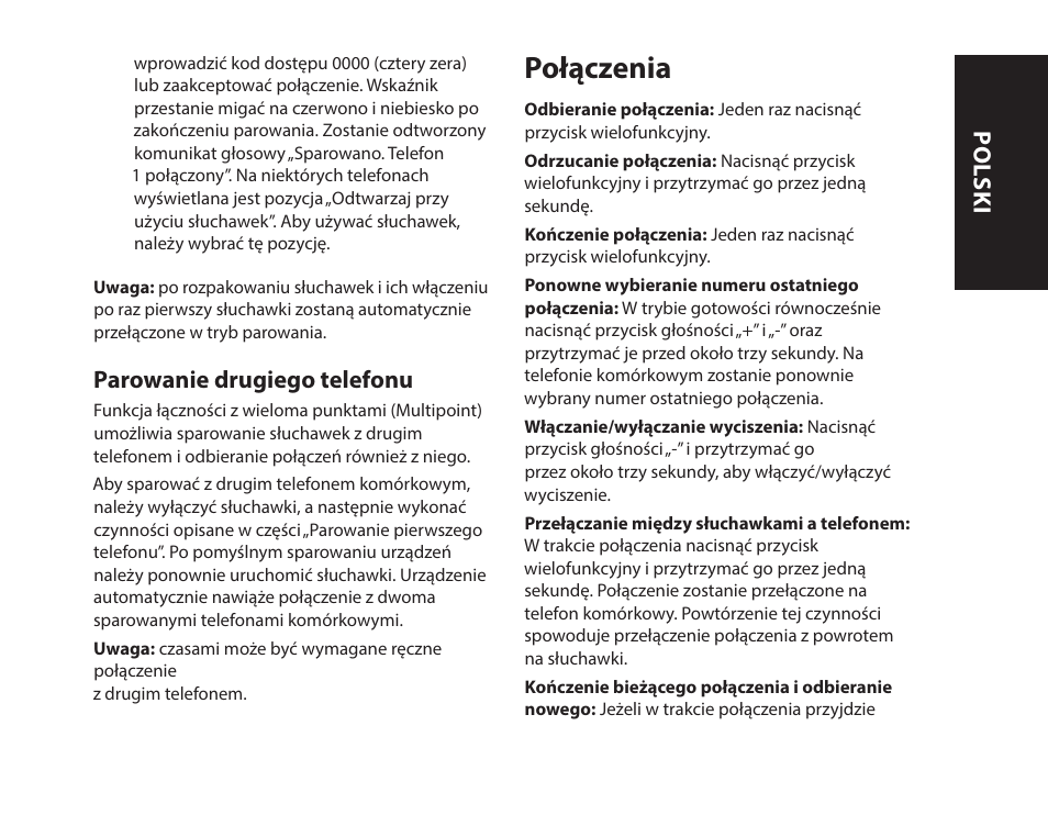 Połączenia, Parowanie drugiego telefonu, Polski | Monster iSport SuperSlim Wireless Bluetooth In Ear Sport Headphones User Manual | Page 229 / 239