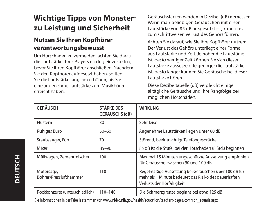 Wichtige tipps von monster, Zu leistung und sicherheit, Nutzen sie ihren kopfhörer verantwortungsbewusst | Deut sch | Monster iSport SuperSlim Wireless Bluetooth In Ear Sport Headphones User Manual | Page 32 / 239