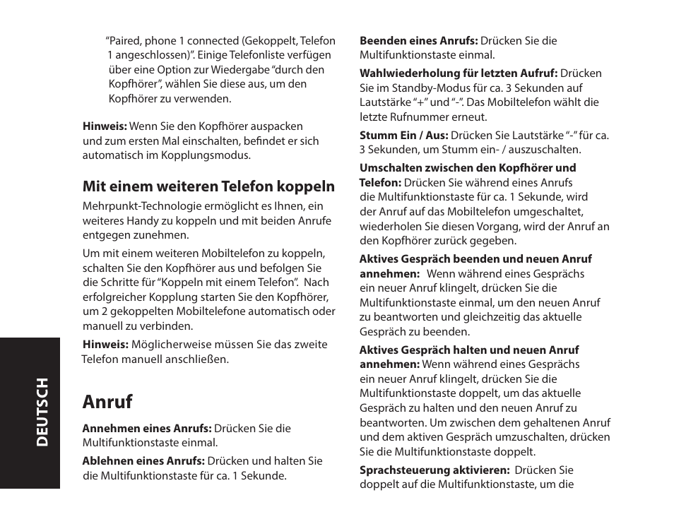 Anruf, Mit einem weiteren telefon koppeln, Deut sch | Monster iSport SuperSlim Wireless Bluetooth In Ear Sport Headphones User Manual | Page 38 / 239