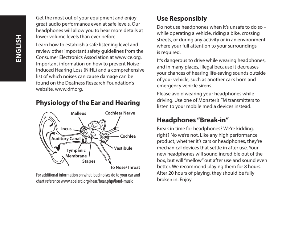 Physiology of the ear and hearing, Use responsibly, Headphones “break-in | English | Monster iSport SuperSlim Wireless Bluetooth In Ear Sport Headphones User Manual | Page 4 / 239