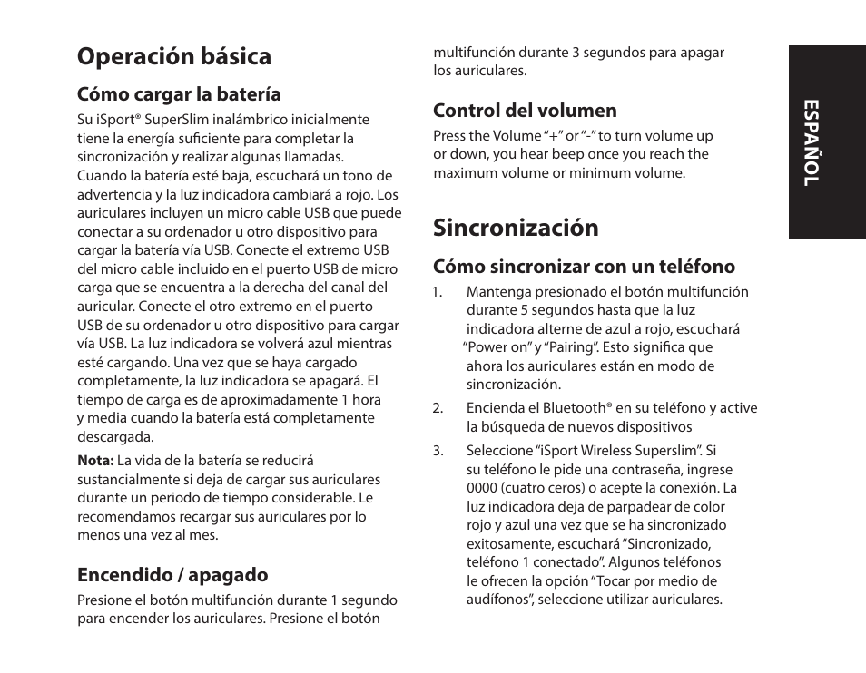 Operación básica, Sincronización | Monster iSport SuperSlim Wireless Bluetooth In Ear Sport Headphones User Manual | Page 51 / 239