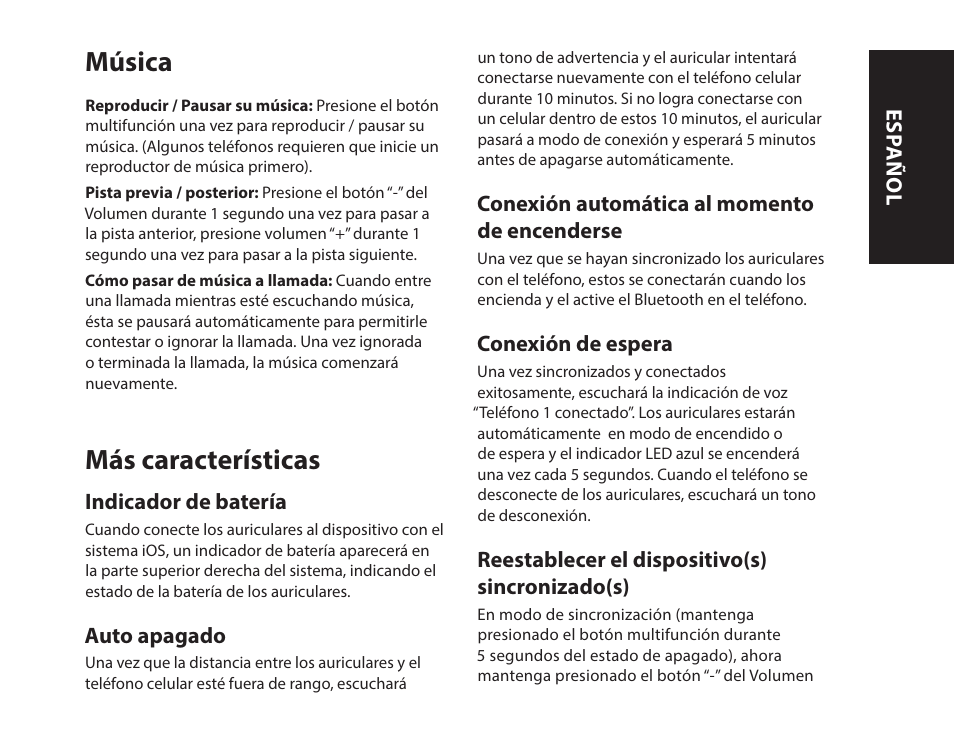 Música, Más características | Monster iSport SuperSlim Wireless Bluetooth In Ear Sport Headphones User Manual | Page 53 / 239