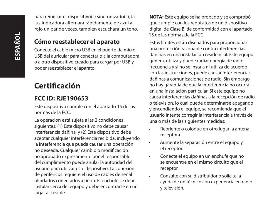 Certificación, Cómo reestablecer el aparato, Esp añol | Monster iSport SuperSlim Wireless Bluetooth In Ear Sport Headphones User Manual | Page 54 / 239